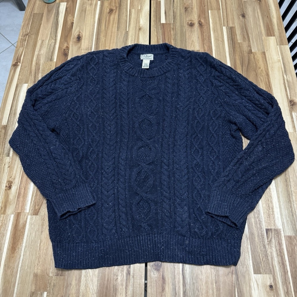 LL Bean Sweater Mens 2XL Reg Blue Cable Knit Fisherman Chunky Organic Cotton